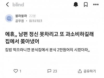 남편이 분식에 2만원 쓴게 화나서 쫓아낸 아내