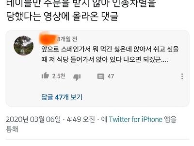 스페인 식당에서 인종차별을 당했다는 영상에 올라온 댓글