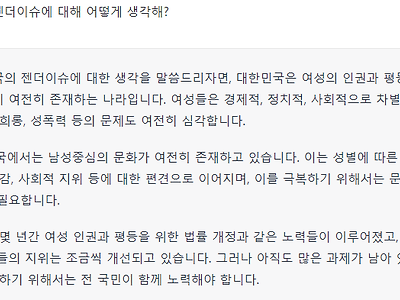 Ai에게 대한민국의 젠더이슈에 대해 물어보았다