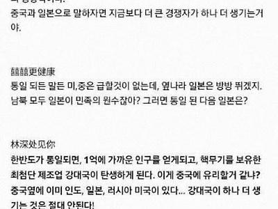 중국인 "한반도 통일은 절대안돼! 우리가 뒤진다고"