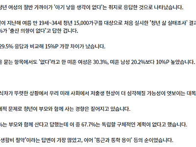 청년여성 45% '출산의향 없다'…청년 절반이상 '부모와 산다'