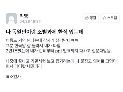 외국인이랑 같은 조 돼서 조별과제 독박 쓴 에타인