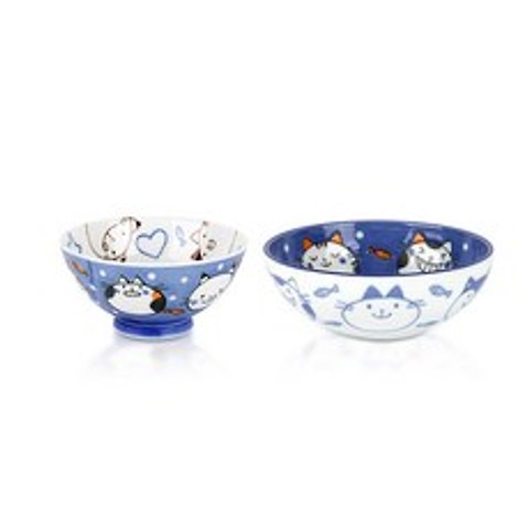 헨느 일본 네코 도자기 그릇 세트, 블루, 공기 + 대접