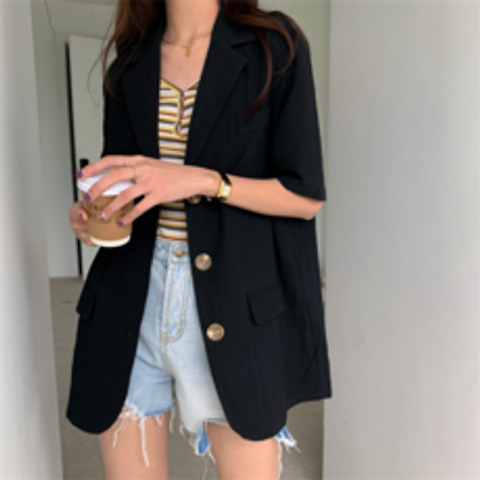 여성 린넨 자켓 얇은 반소매 코트 캐주얼 검은 여름면과 정장 재킷의 한국어 버전