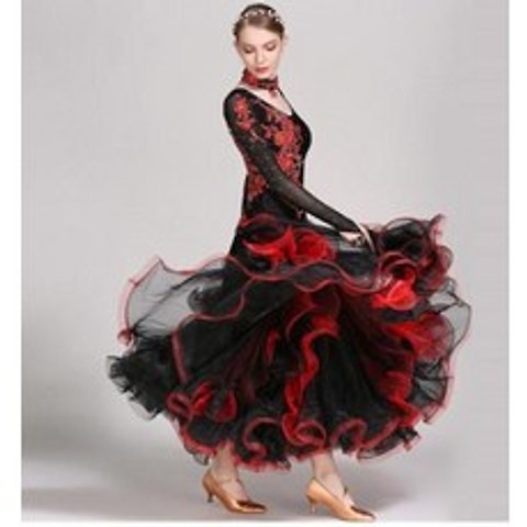 Yilin Feier 여성 댄스복 댄스스포츠 원피스 드레스 모던 라틴 망사 씨스루 레이스 공연 파티, 블랙