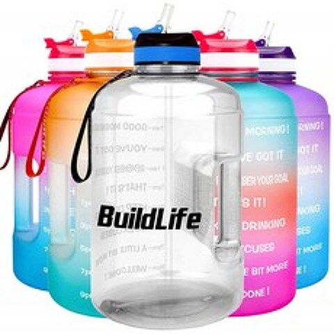 BuildLife 2.2L 동기가 부여된 물병 와이드 입과 빨대와 매일 더 마시기 위한 시간 표시 BPA 무료 재사