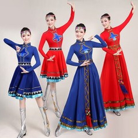 댄스복 몽골 옷여성 성인 연극복장 소수 민속 플레어치마 무용, C04-블루 롱