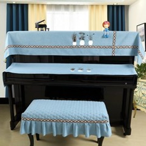 피아노 패브릭 커버 세트 의자 덮게 세트, 꽃병 블루 + 피아노 커버타올(90x200cm)