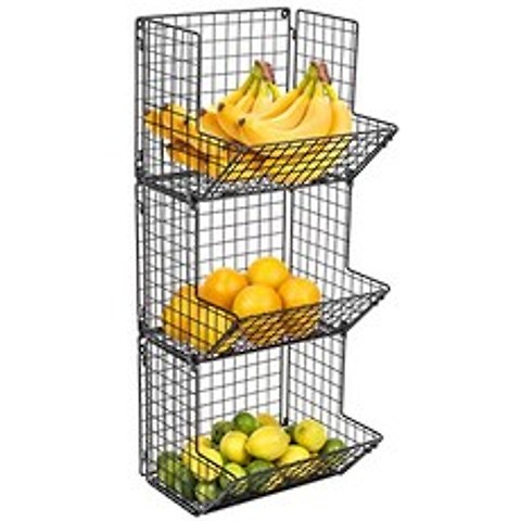 3-Tier Fruit Stand Wall Mount Kitchen Storage Bin Multipurpose Foldable Organizer Great for Kitchen Bathroom Laundry Organization (Black), 본상품