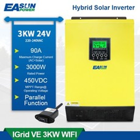 3KW 24V 230V Hybrid Solar inverter 450Vdc PV Input 5500W 90A MPPT Solar Charger 60A Battery Charge, 3KW WITH WIFI, 1개, CHINA