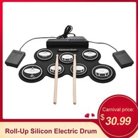 USB 롤업 실리콘 일렉트릭 드럼 세트 디지털 전자 드럼 패드 키트 초보자를위한 드럼 스틱이있는 7 개의 드럼 패드 풋 페달