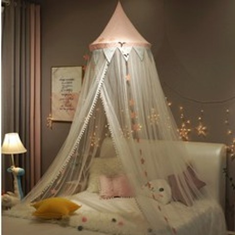 공주 레이스 캐노피 아이방캐노피 침실 인테리어 디자인, 핑크 + 별끈