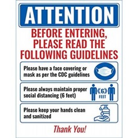 주의-입장하기 전에 다음 지침을 읽으십시오. 사인 포스터-안면 마스크 CDC 지침 사회적 거리두기 깨끗한, 단일옵션