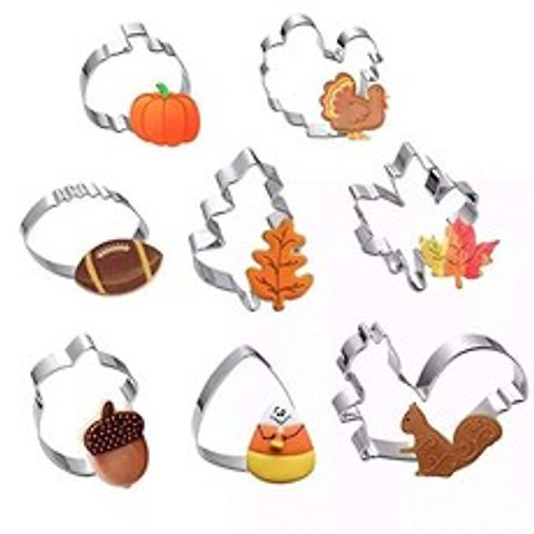 Fall Thanksgiving Cookie Cutters Set - 8 Pieces - Pumpkin Turkey Maple Leaf Oak Leaf Squirrel Candy Corn and Acorn- Stainless Steel, 본상품