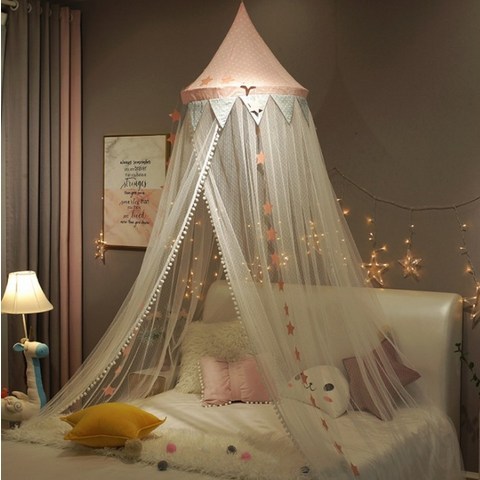 공주 레이스 캐노피 아이방캐노피 침실 인테리어 디자인, 핑크 + 별끈