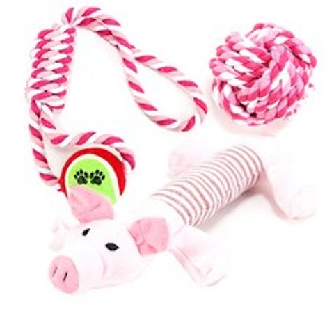 딩동펫 강아지장난감 로프공실타래 레드 + 돼지봉제인형 + 실타래공 핑크, 1세트