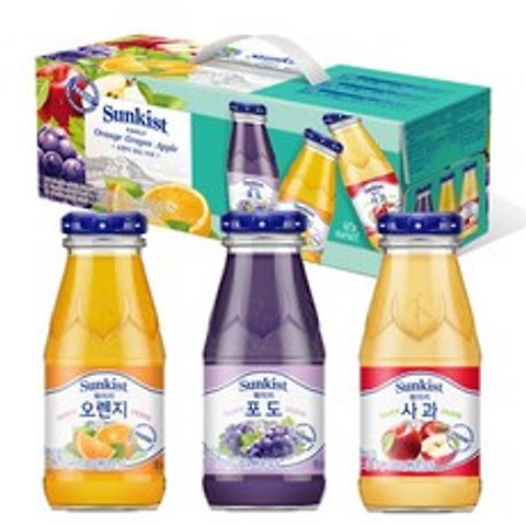 해태음료 썬키스트 훼미리 오렌지+포도+사과 음료세트, 180ml, 12병