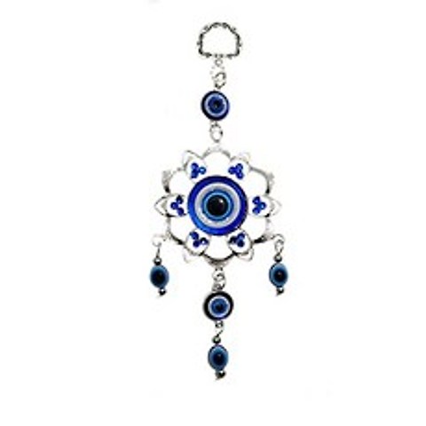Luckboostium Silver Flower Evil Eye Charm with Metal Alloy Flower and Hanging Blue and Whi (Silver)