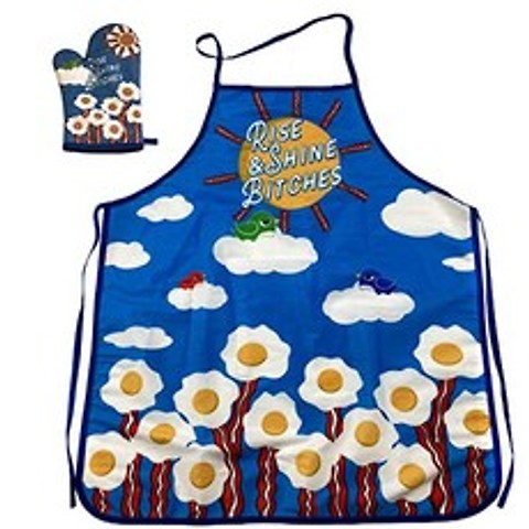 Crazy Dog T-Shirts Rise and Shine Bitches Funny Breakfast Bacon and Eggs Graphic Kitchen Accessories (Oven Mitt Apron), 본상품