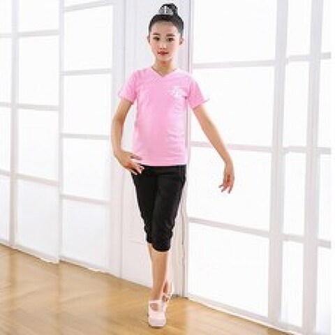 어린이 댄스 의상 연습 의상 봄 여름 가을 댄스 의상 소녀 중국 민속 무용 세트, 06. 160cm, 15. 핑크 반팔 + 크롭 팬츠
