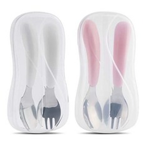 2 sets of infant fork and spoon set kirecoo baby utensils set as a portable case de (White & Pink), White & Pink
