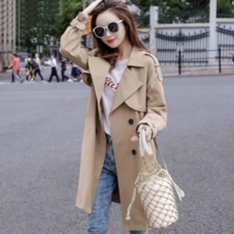 여성코트 윈드 브레이커 여성 중간 길이 2021 봄과 가을 한국식 루즈핏 캐주얼 패션 작은 더블 브레스트 재킷