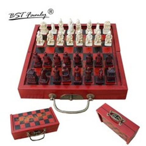 생일선물 고급 보드게임 테라코타 육군 체스 세트 휴대용 체스 게임 접이식 나무 체스 판 나무 수지 체스 조각 여행 체스 I29, 21x11x6cm