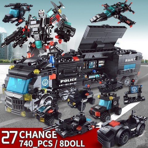 740 + PCS legoINGlys 빌딩 블록 8 미니 피규어 로봇 도시 경찰 장난감 블록 소년 교육 트럭 블록 모델 벽돌, 93518 Bagged