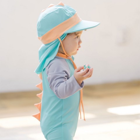 [찜콕마켓] 아기 유아 뿔공룡 플랩캡 우주복 래쉬가드 UV차단(매쉬가방+타포린백 사은품)