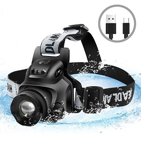 shenkey LED Headlamp 4 Modes Rechargeable USB LED Headlight Torch with Zoomable Waterproof IP65 LED, Braun