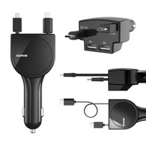 아이코모스 듀얼 릴타입 차량용충전기 고속 퀵차지 3.0 C타입+5핀 USB포트(2개) 4개 동시충전, 블랙