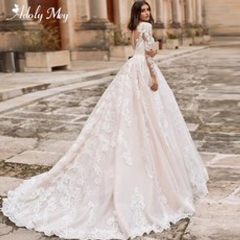 Adoly mey lindo tribunal trem apliques tule a linha vestidos de casamento 2021 elegante colher pesco, Champanhe, 8