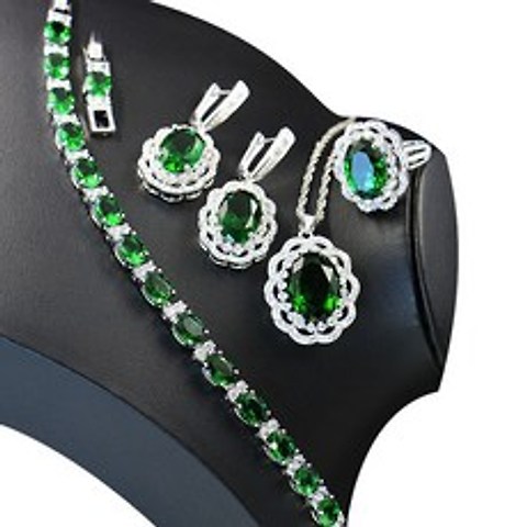 녹색 에메랄드 925 실버 신부 보석 세트 여성 목걸이 귀걸이 반지 팔찌 생일 선물|보석 세트|