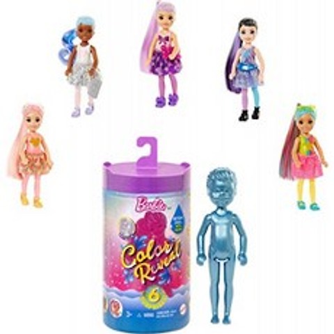 Barbie Chelsea Color Reveal 메탈릭 컬러의 깜짝 인형과 깜짝 패션 액세서리가있는 반짝이 (Mattel GTT, 단일옵션