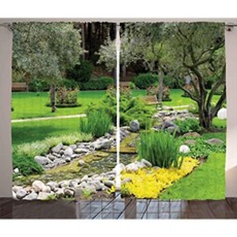 Garden Curtains Japanese Park Style Recreational View with Pond Grass Stones (108