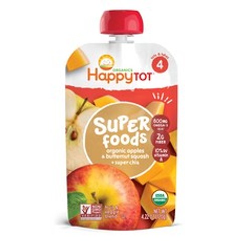 Happy Baby 슈퍼푸드 어린이 스무디 120g, 사과 + 버터넛 스쿼시 + 슈퍼 치아(Apples + Butternut Squash + Super Chia), 1개