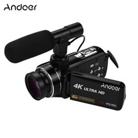 Andoer 4K 디지털 캠코더 + NP-40 리튬배터리 2개 + 0.45X 광각/마이크로렌즈 + 셋톱마이크, 블랙