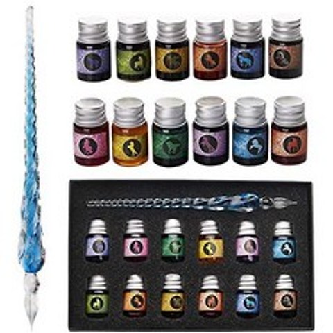 Mancola Glass Dipped Pen Ink Set-Handmade Crystal Writing Pen with 12 Colorful Inks for Art Signat, Multicolor_One Size, Multicolor_One Size, 상세 설명 참조0