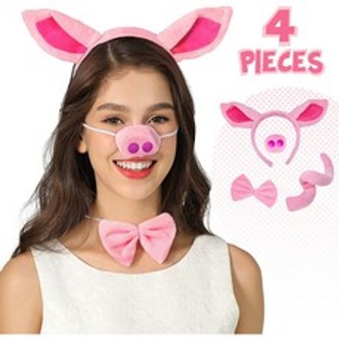 돼지코 귀와 꼬리 세트 돼지 귀 머리띠 코스튬 액세서리 키트 원 사이즈 핑크: 의류