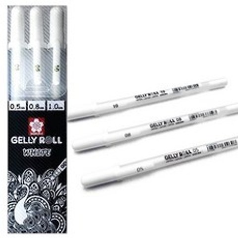 [조한스토어] 사쿠라 겔리롤 젤리롤 화이트 펜 워터프루프 펜, 0.5+0.8+1.0mm, 1세트