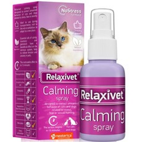Relaxivet Pheromone Calming Spray 장기간 지속되는 진정 효과 스트레스 예방 및 이완을 위한 #1 애완동물용 불안방지 스프레이, 50ml
