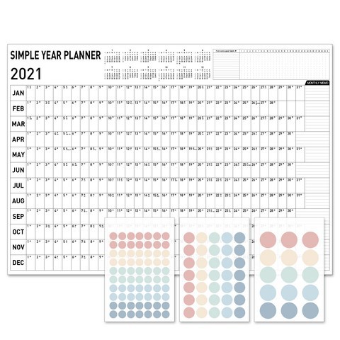 심플 연간 플래너 2021 포스터 달력 + 스티커 2p 2세트, 혼합색상