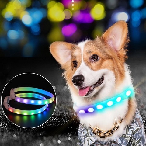 강아지 LED목줄 무지개 목걸이 멀티컬러 야간산책 핵인싸목줄 소형견 부터 대형견 길이조절가능 USB 충전