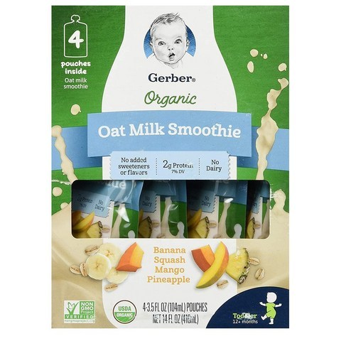 Gerber Oat Milk Smoothie Banana Squash Mango Pineapple Purees 거버 이유식 오트 밀크 수무디 퓨레 104mL 4개입