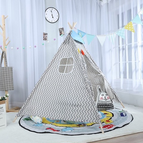 인디언 텐트 플레이 유아 캠핑 실내 아기집 놀이텐트, 베이지 1.35m 회색 물결 무늬