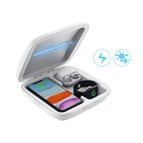 4IN1 멀티 다중 충전기 거치대 자외선소독박스 무선 고속충전 패드 아이폰 애플워치 에어팟 프로 애플빠 앱등이 갤럭시S20 갤럭시S21 갤럭시 워치 소품소독기, 화이트