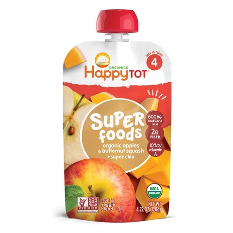 Happy Baby 슈퍼푸드 어린이 스무디 120g, 사과 + 버터넛 스쿼시 + 슈퍼 치아(Apples + Butternut Squash + Super Chia), 1개