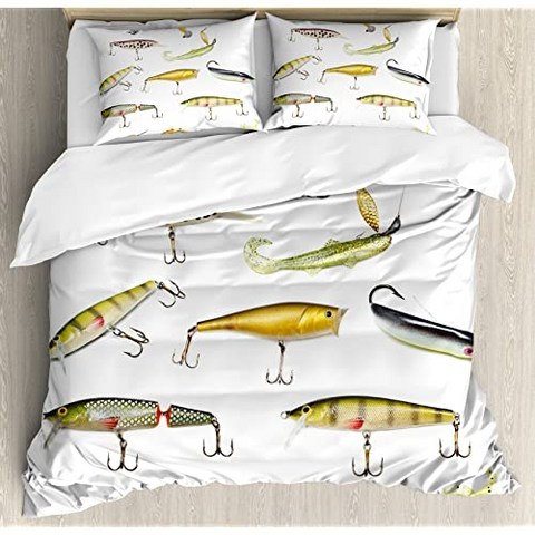 Ambesonne Fishing Duvet Cover Set Fishing Tackle Bait for Spearing Trapping (Queen White Yellow), Queen, White Yellow