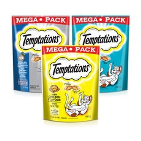템테이션 메가팩 고양이 간식 3종 세트, 맛있는 닭고기맛, 고소한 참치맛, 헤어볼 컨트롤, 1세트