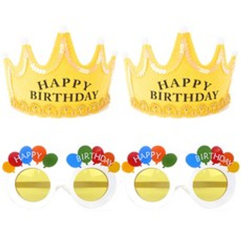파티팡 LED 생일 왕관 옐로우 2p + 생일 풍선 안경 2p 세트, 화이트, 1세트